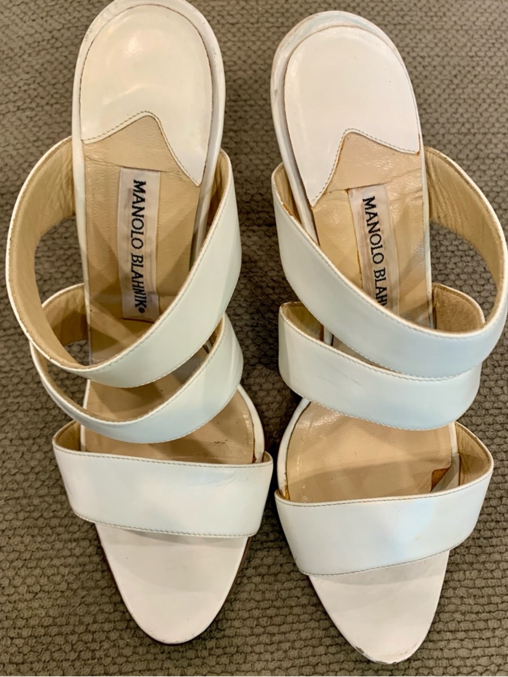 Vintage Manolo Blahnik White Leather Multi-Strap Slide Sandal Heels